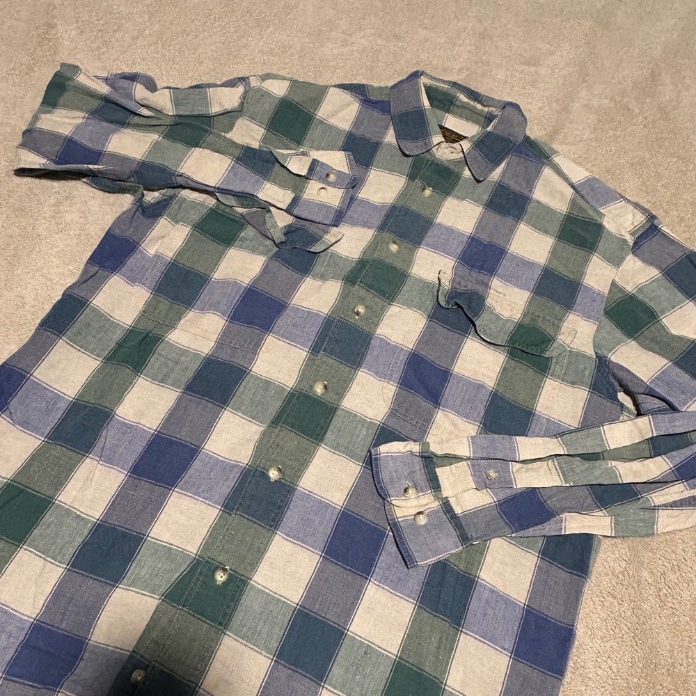 Eddie Bauer Button Down Shirt Mens M Blue Green Buffalo Plaid Linen  Blend